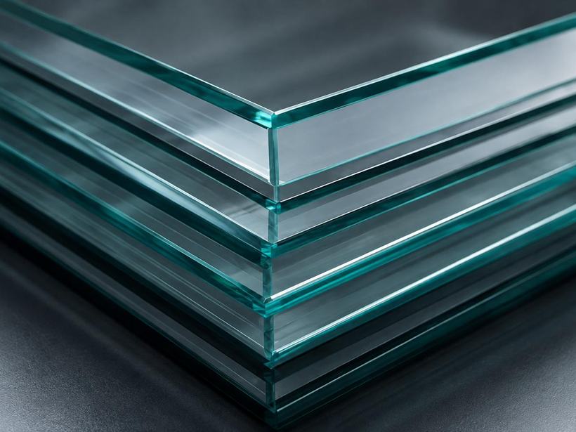 Stacked panes of clear float glass showing polished edges