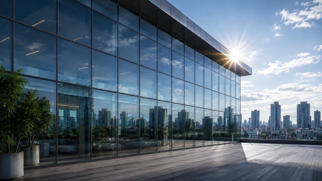 Unitised curtain wall façade catching sunlight above a city skyline