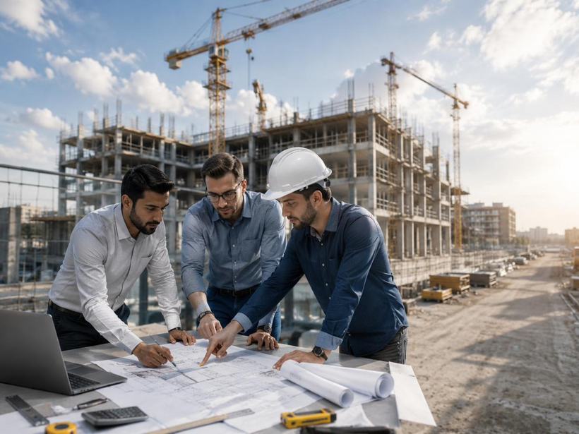Project engineers reviewing drawings on site